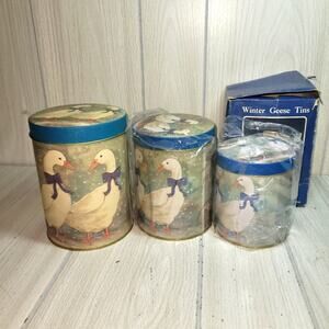 Vtg Winter Geese Tin Canister Set Of 3 Farmhouse Country Prairie